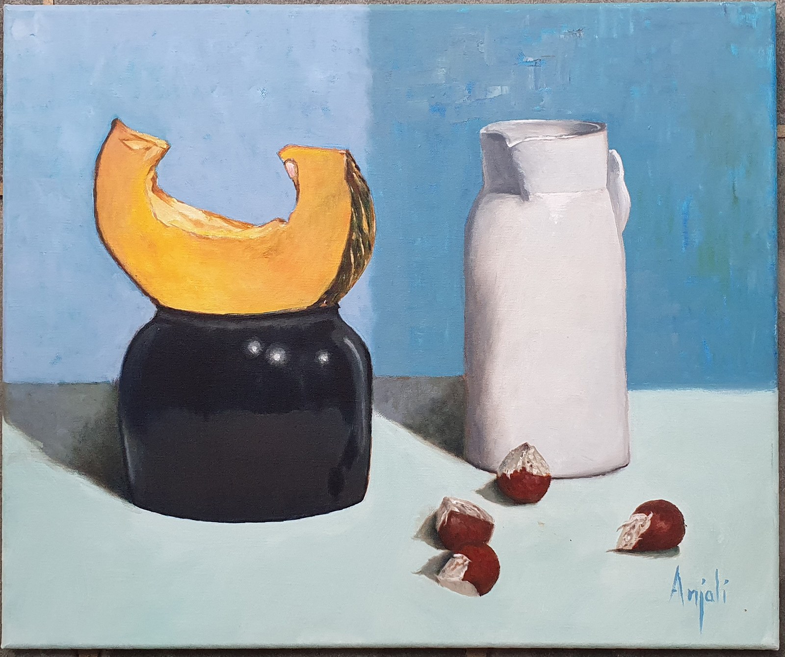 Pumpkin and Jar - Still life — painting by Anjali