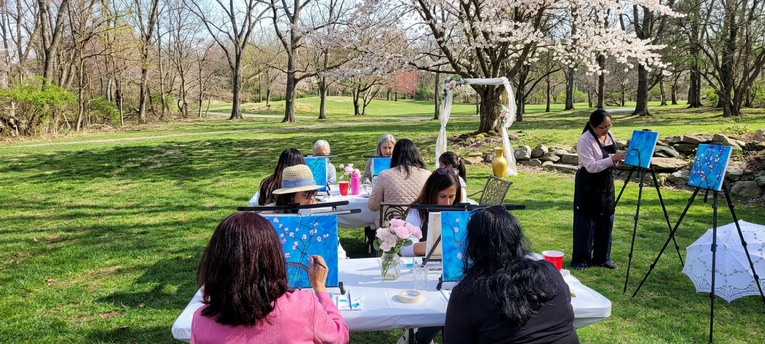 Anjali guiding guests painting outdoors among flowering trees