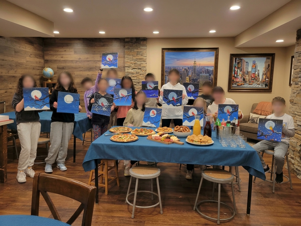 Birthday guests showing completed bird paintings