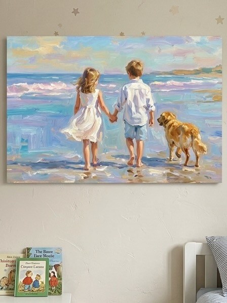 Two children holding hands beside a dog at the shore