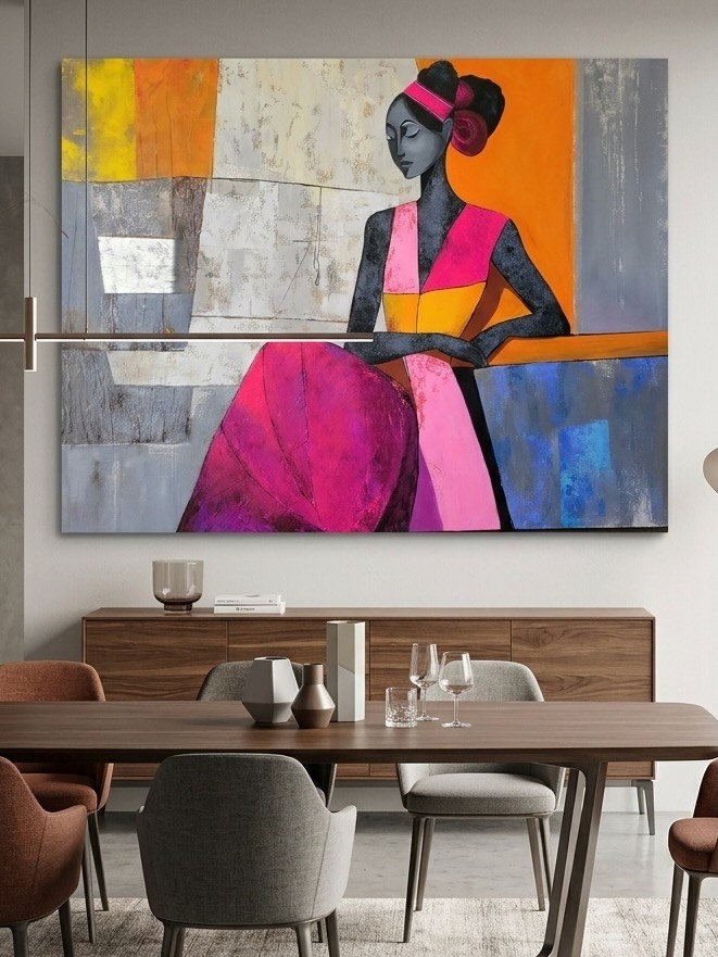 Stylized woman in pink displayed above a dining table