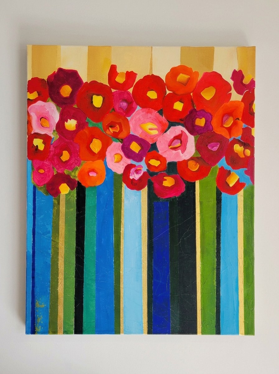 Red, pink, and orange flowers against a gold background