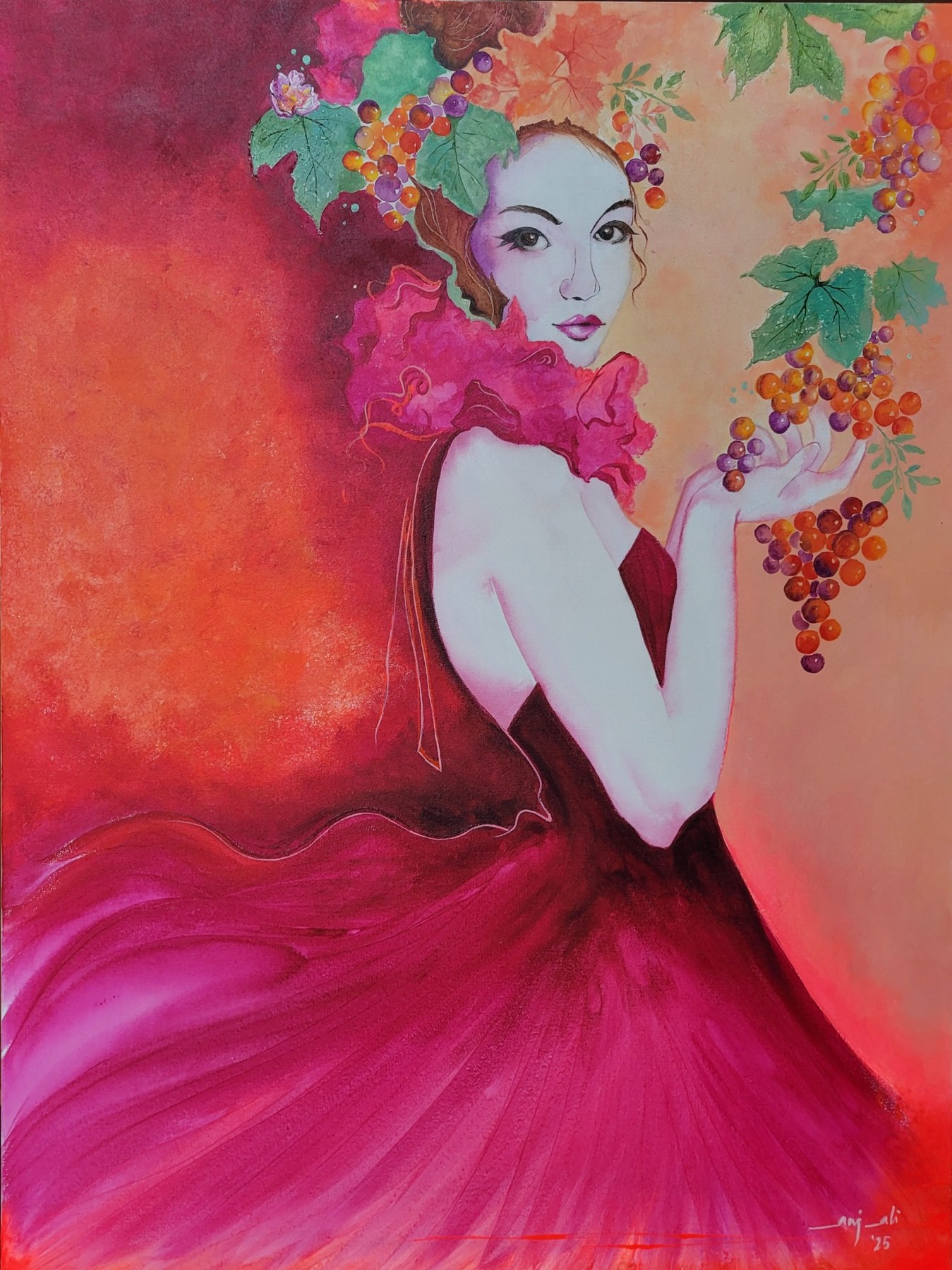 Woman in flowing pink with grapes and flowers