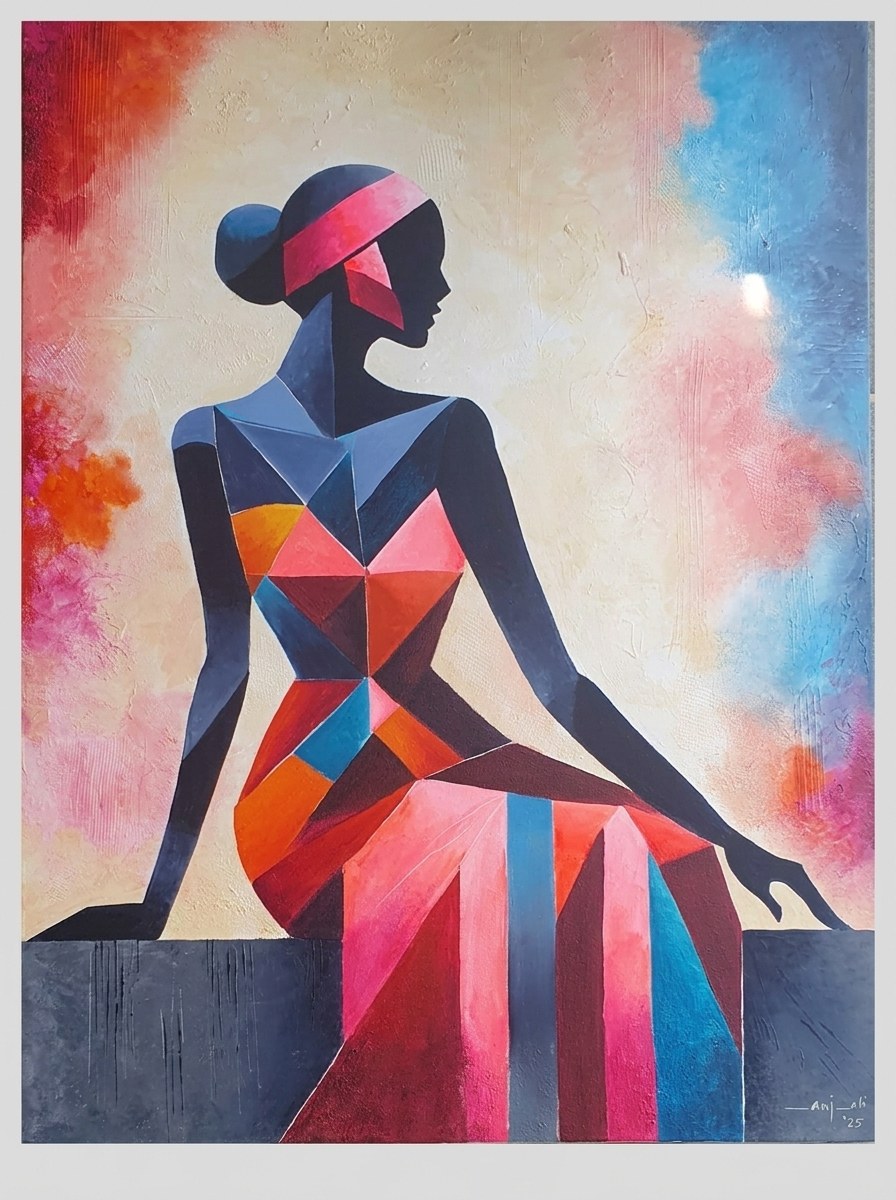Seated woman composed of colorful geometric shapes