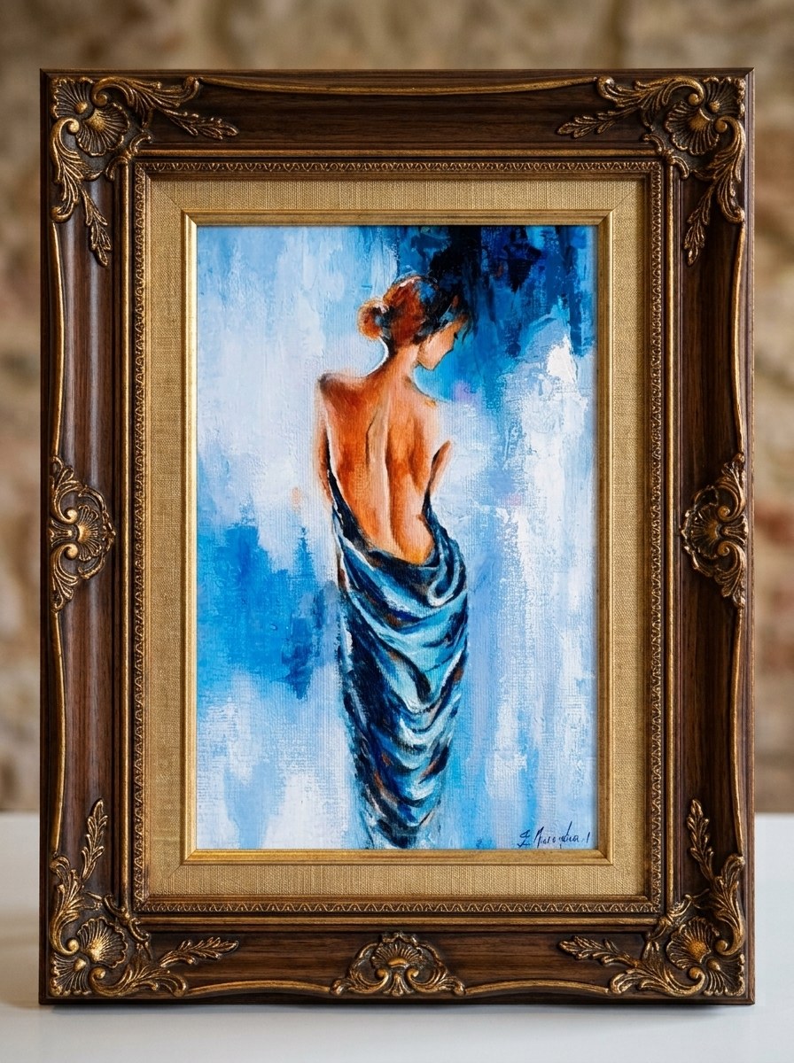 Woman seen from behind draped in blue, in an ornate frame