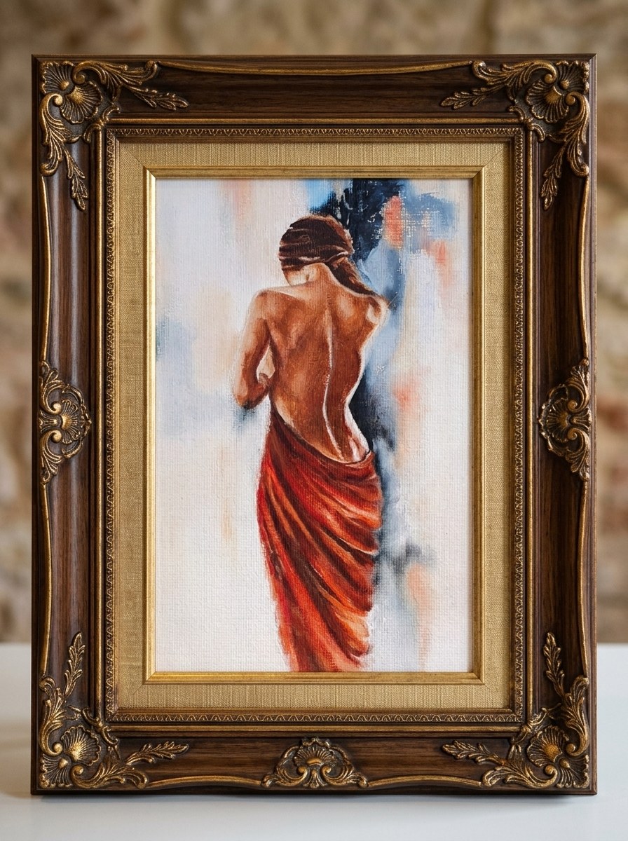 Woman seen from behind draped in red, in an ornate frame