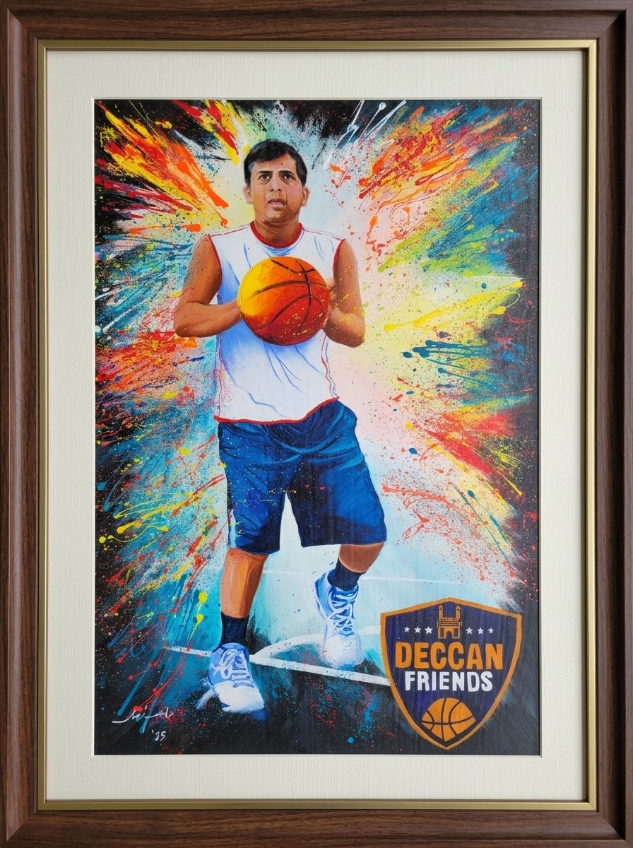 Framed basketball portrait with bright splashes of color