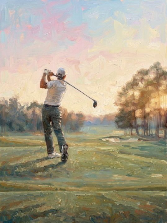 Golfer finishing a swing on a softly lit golf course