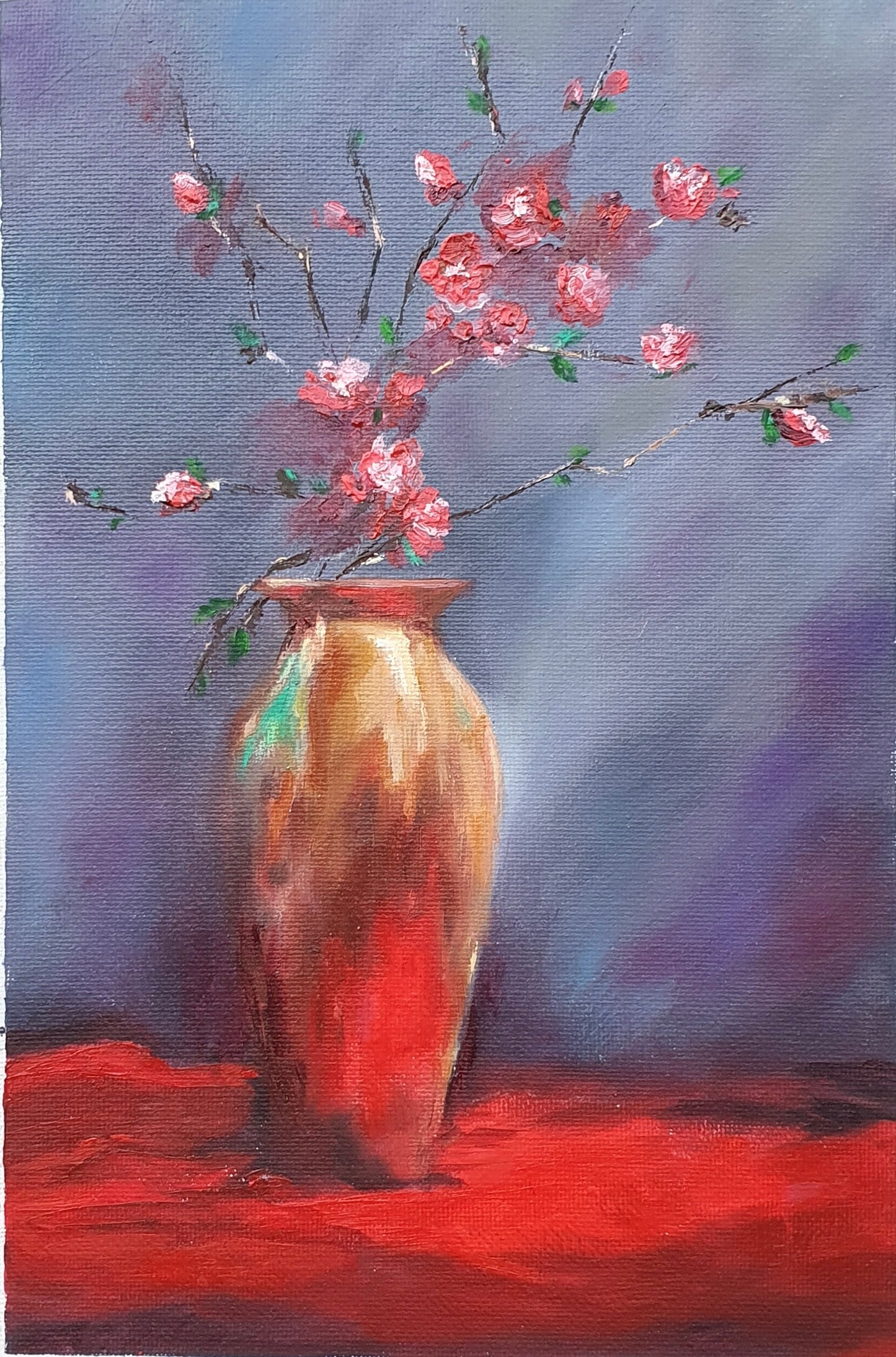 Gold Flower Vase On Red Silk