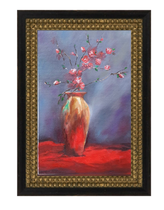 Gold Flower Vase On Red Silk